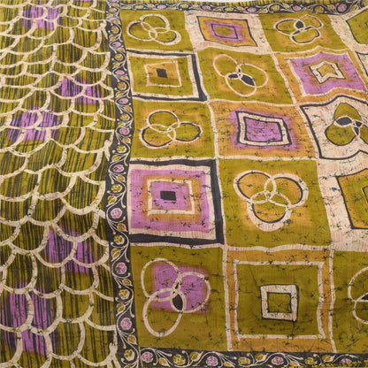 Sanskriti Vintage Sarees Green Batik Work 100% Pure Cotton Sari 5yd Craft Fabric