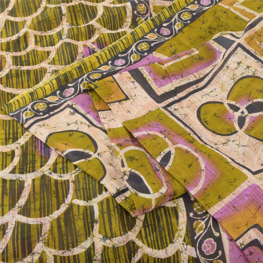 Sanskriti Vintage Sarees Green Batik Work 100% Pure Cotton Sari 5yd Craft Fabric