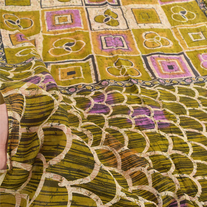 Sanskriti Vintage Sarees Green Batik Work 100% Pure Cotton Sari 5yd Craft Fabric