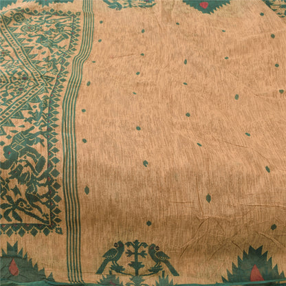 Sanskriti Vintage Sarees Peach/Green Pure Cotton Printed Sari 5yd Craft Sustainable Fabric