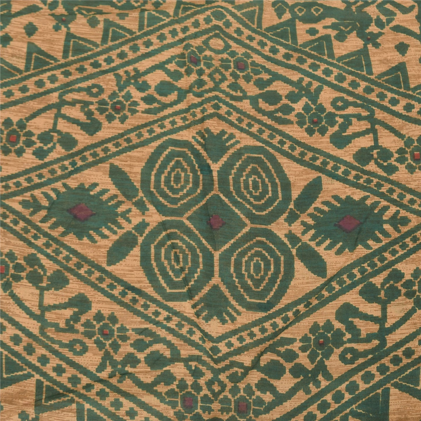 Sanskriti Vintage Sarees Peach/Green Pure Cotton Printed Sari 5yd Craft Sustainable Fabric