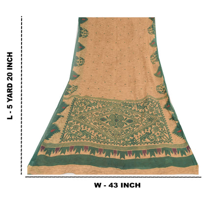 Sanskriti Vintage Sarees Peach/Green Pure Cotton Printed Sari 5yd Craft Sustainable Fabric