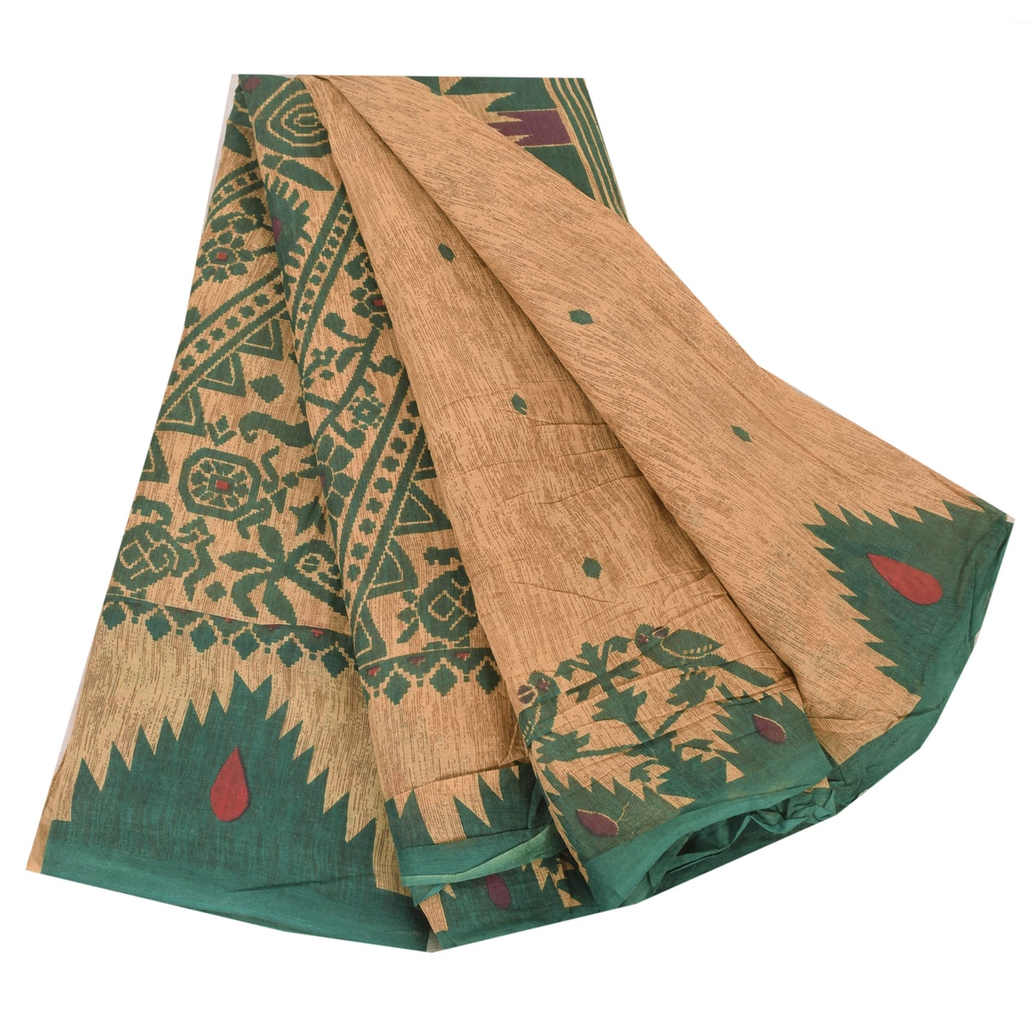 Sanskriti Vintage Sarees Peach/Green Pure Cotton Printed Sari 5yd Craft Sustainable Fabric