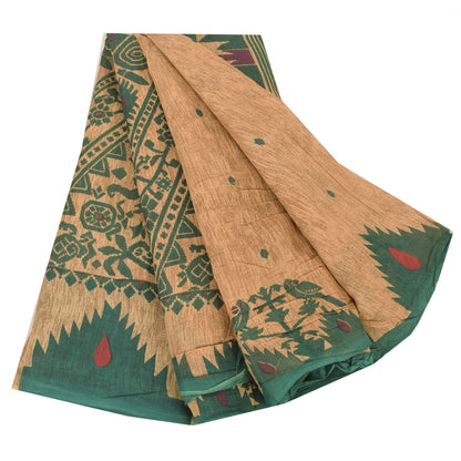 Sanskriti Vintage Sarees Peach/Green Pure Cotton Printed Sari 5yd Craft Sustainable Fabric
