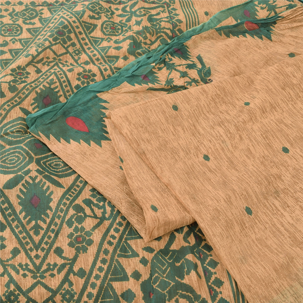 Sanskriti Vintage Sarees Peach/Green Pure Cotton Printed Sari 5yd Craft Sustainable Fabric