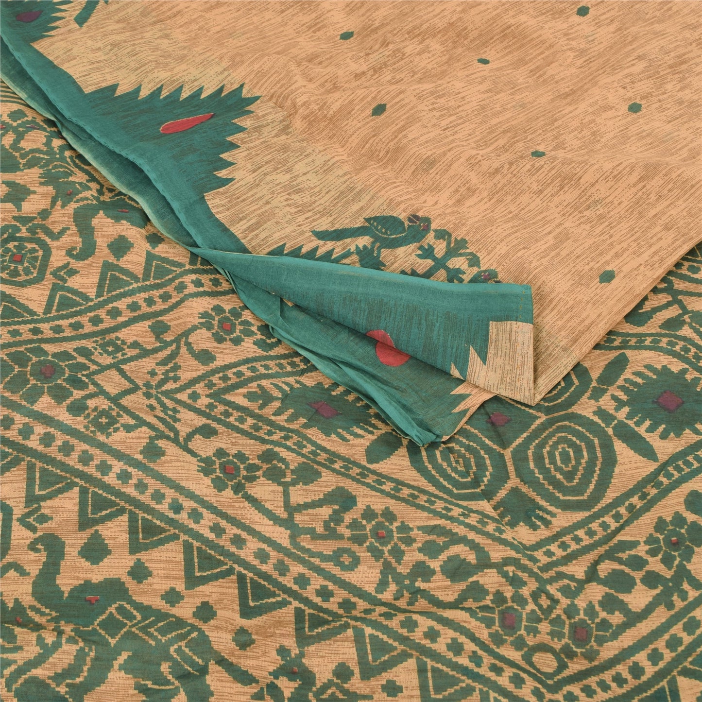 Sanskriti Vintage Sarees Peach/Green Pure Cotton Printed Sari 5yd Craft Sustainable Fabric