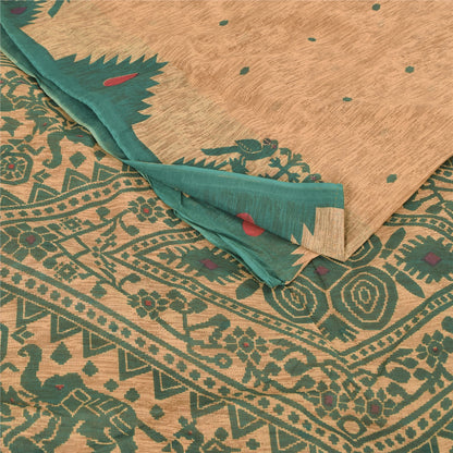 Sanskriti Vintage Sarees Peach/Green Pure Cotton Printed Sari 5yd Craft Sustainable Fabric