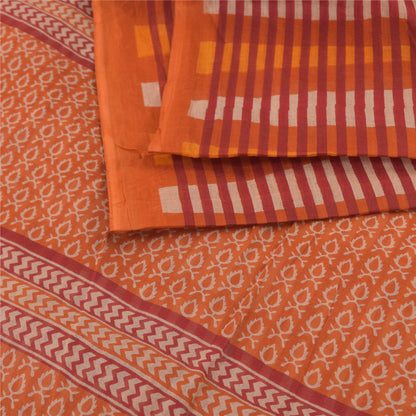 Sanskriti Vintage Sarees Indian Orange Pure Cotton Printed Sari 5yd Craft Sustainable Fabric