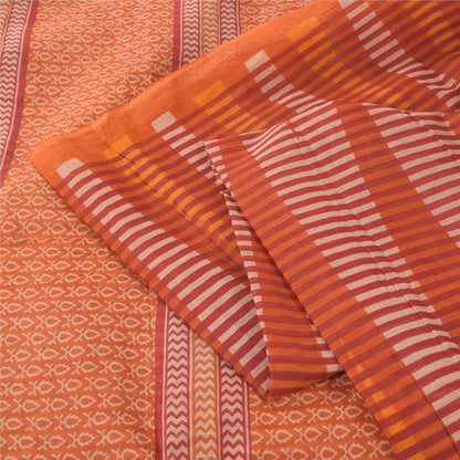 Sanskriti Vintage Sarees Indian Orange Pure Cotton Printed Sari 5yd Craft Sustainable Fabric