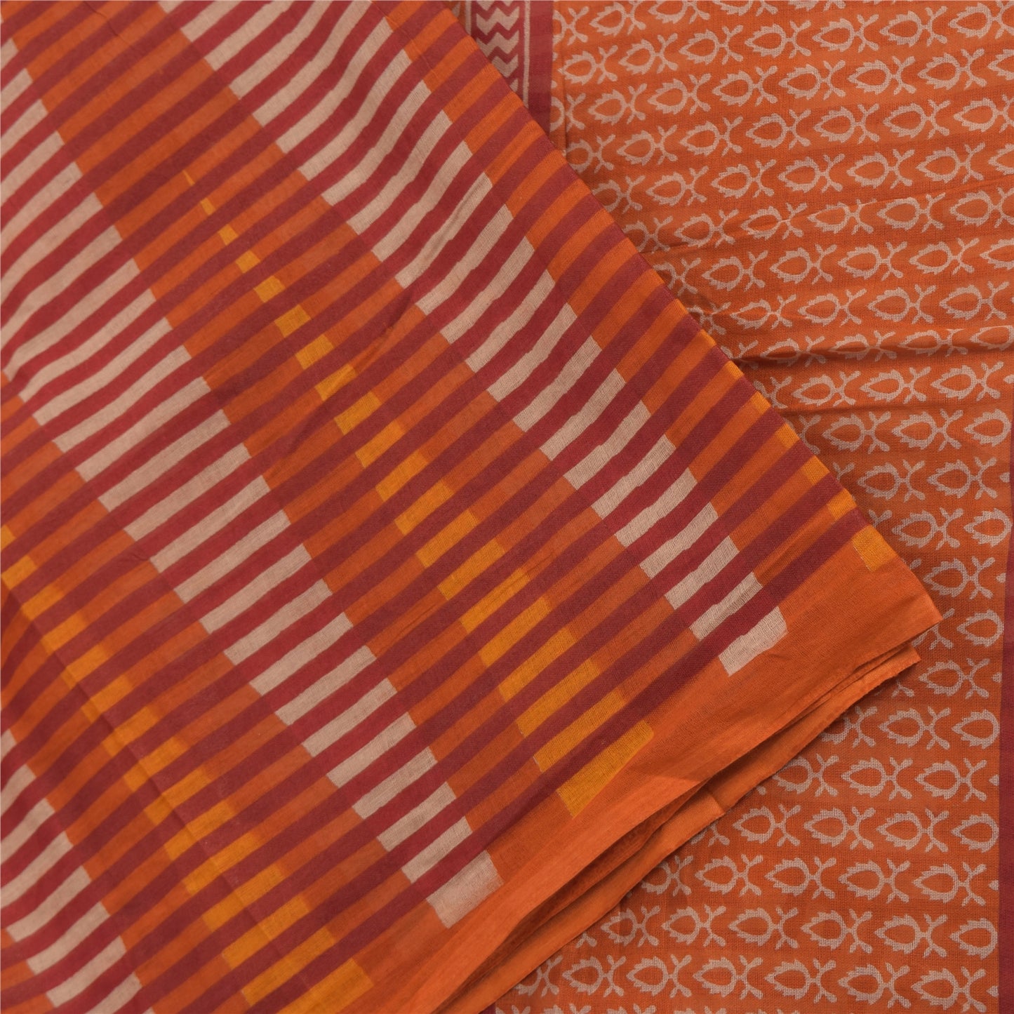 Sanskriti Vintage Sarees Indian Orange Pure Cotton Printed Sari 5yd Craft Sustainable Fabric