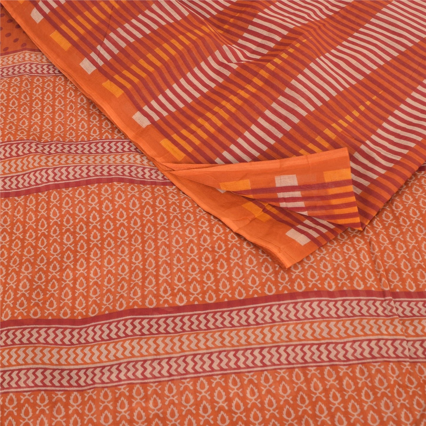 Sanskriti Vintage Sarees Indian Orange Pure Cotton Printed Sari 5yd Craft Sustainable Fabric