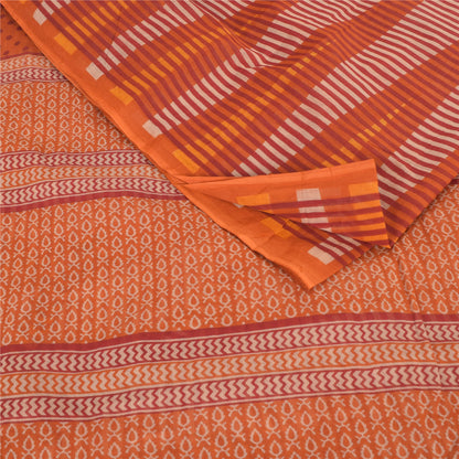 Sanskriti Vintage Sarees Indian Orange Pure Cotton Printed Sari 5yd Craft Sustainable Fabric