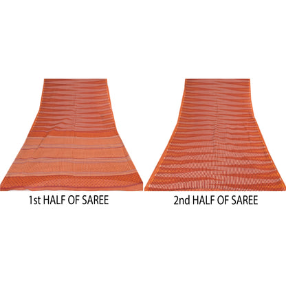 Sanskriti Vintage Sarees Indian Orange Pure Cotton Printed Sari 5yd Craft Sustainable Fabric