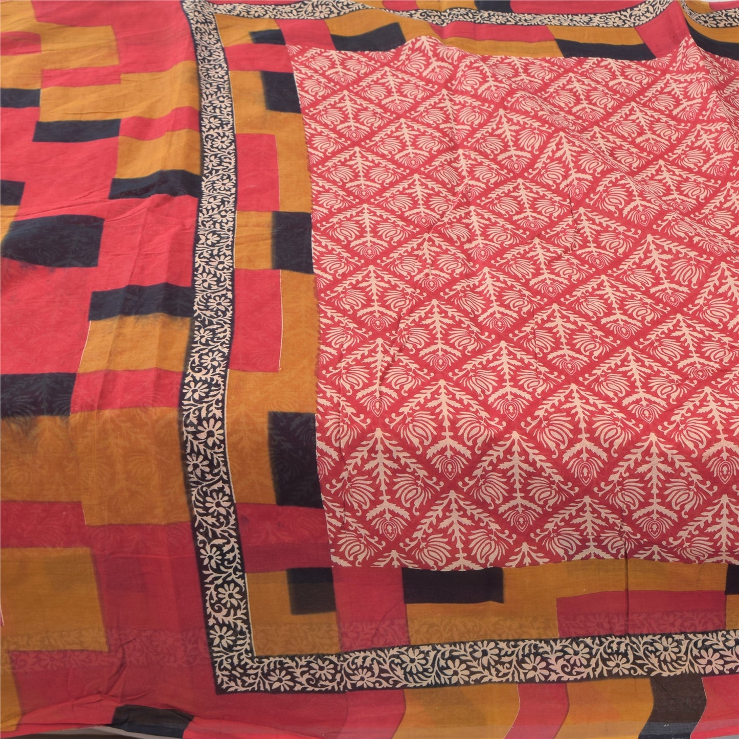 Sanskriti Vintage Sarees From India Red Pure Cotton Print Sari 5yd Craft Sustainable Fabric