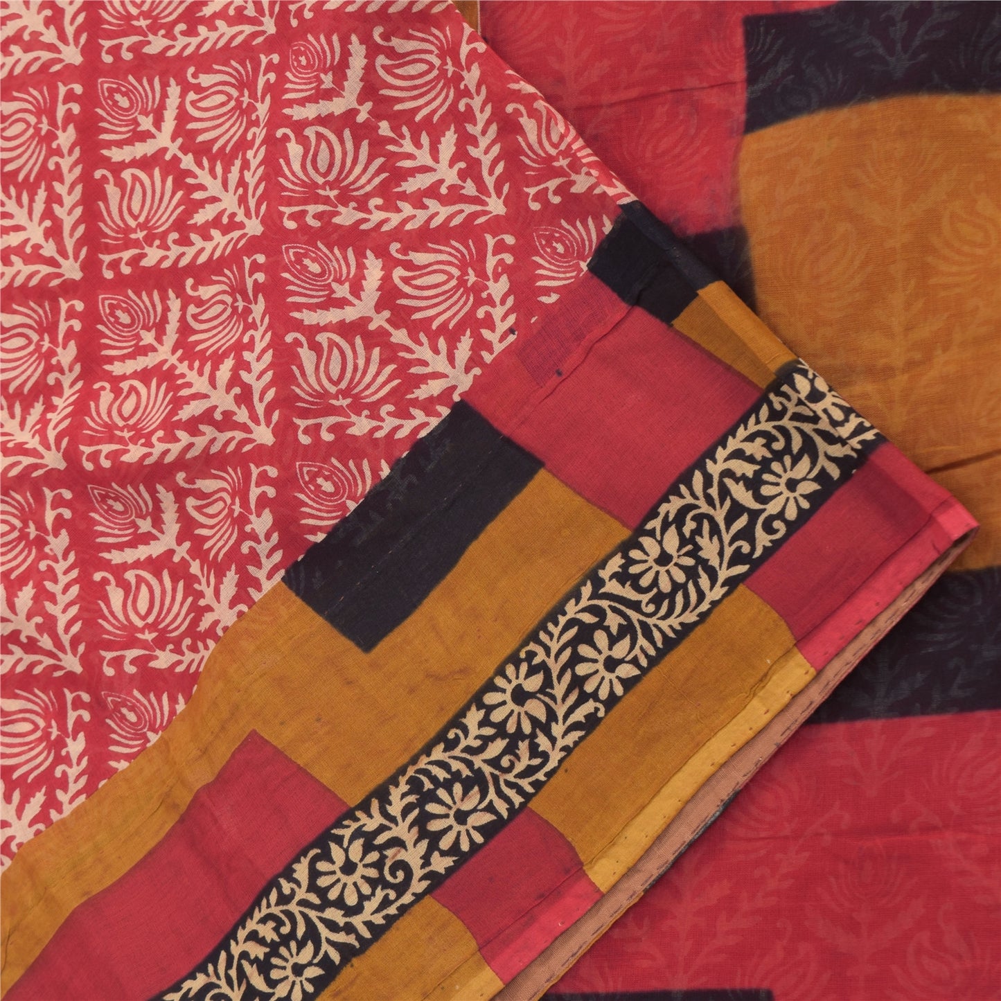 Sanskriti Vintage Sarees From India Red Pure Cotton Print Sari 5yd Craft Sustainable Fabric
