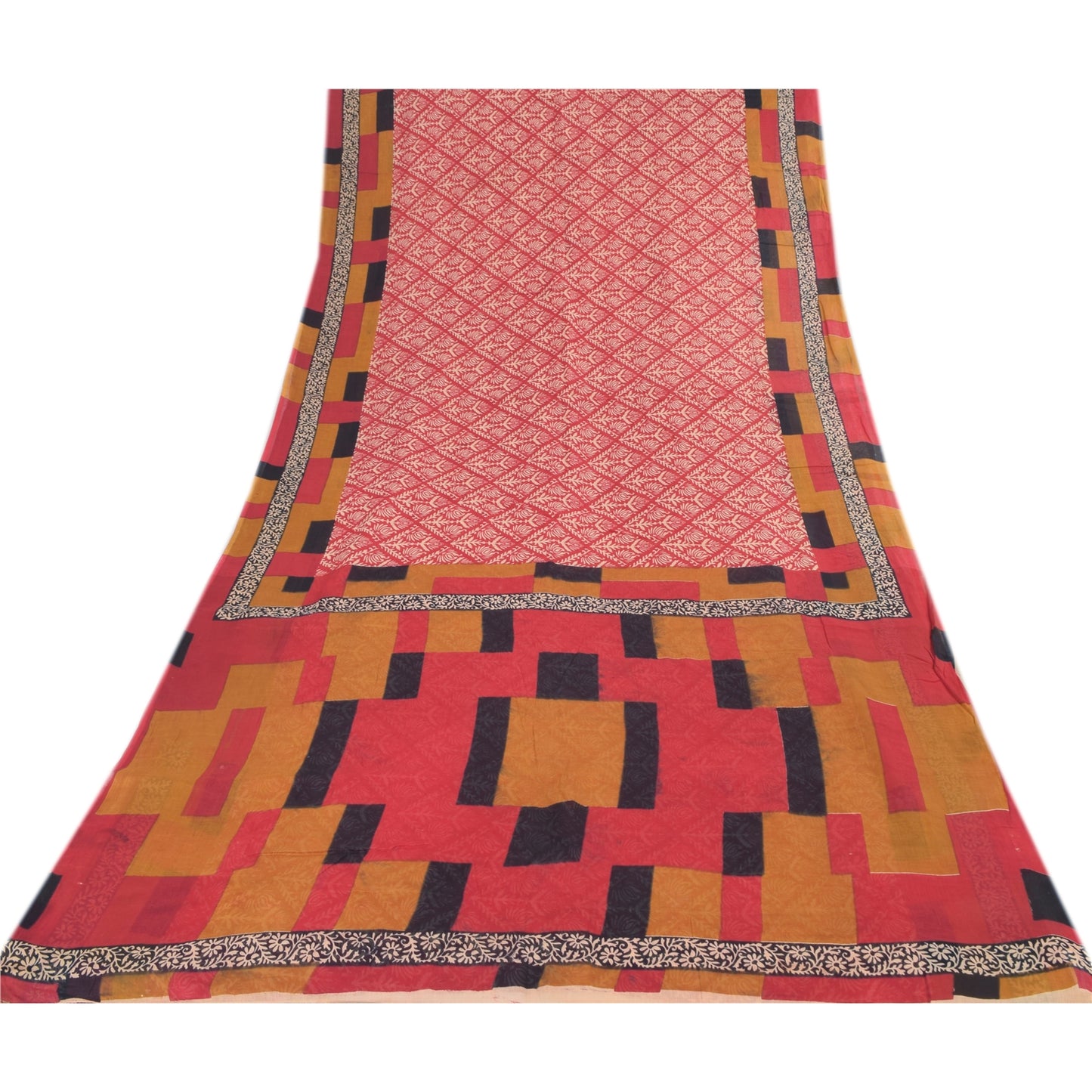 Sanskriti Vintage Sarees From India Red Pure Cotton Print Sari 5yd Craft Sustainable Fabric