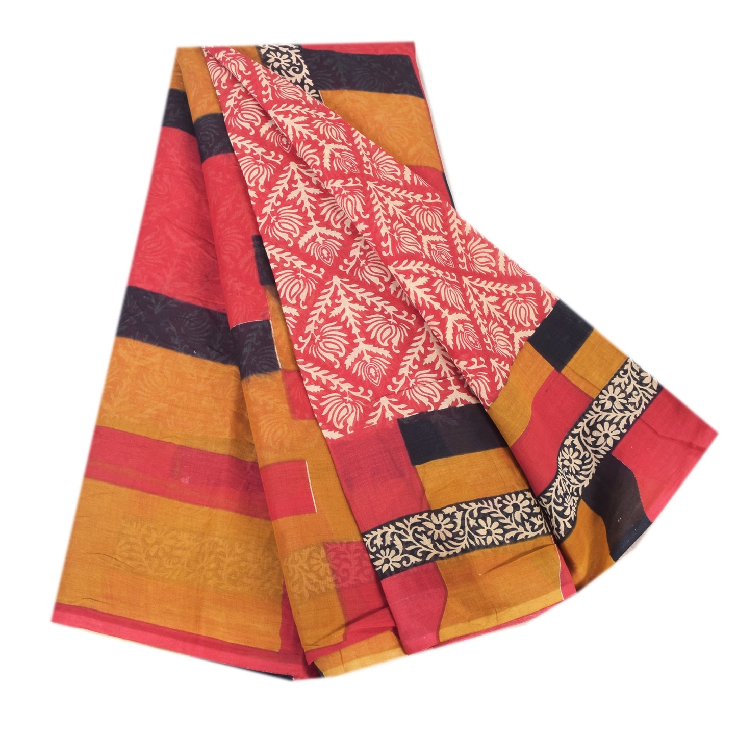 Sanskriti Vintage Sarees From India Red Pure Cotton Print Sari 5yd Craft Sustainable Fabric