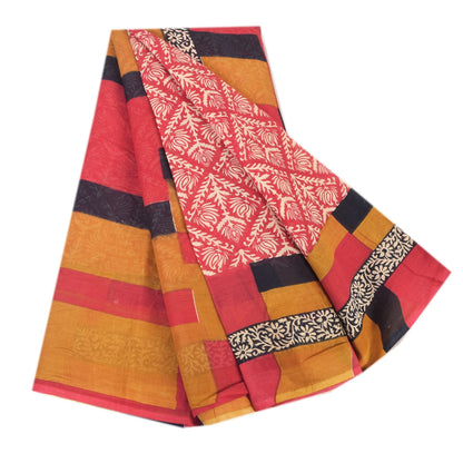 Sanskriti Vintage Sarees From India Red Pure Cotton Print Sari 5yd Craft Sustainable Fabric