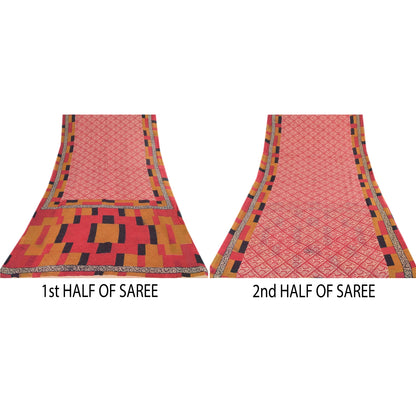 Sanskriti Vintage Sarees From India Red Pure Cotton Print Sari 5yd Craft Sustainable Fabric