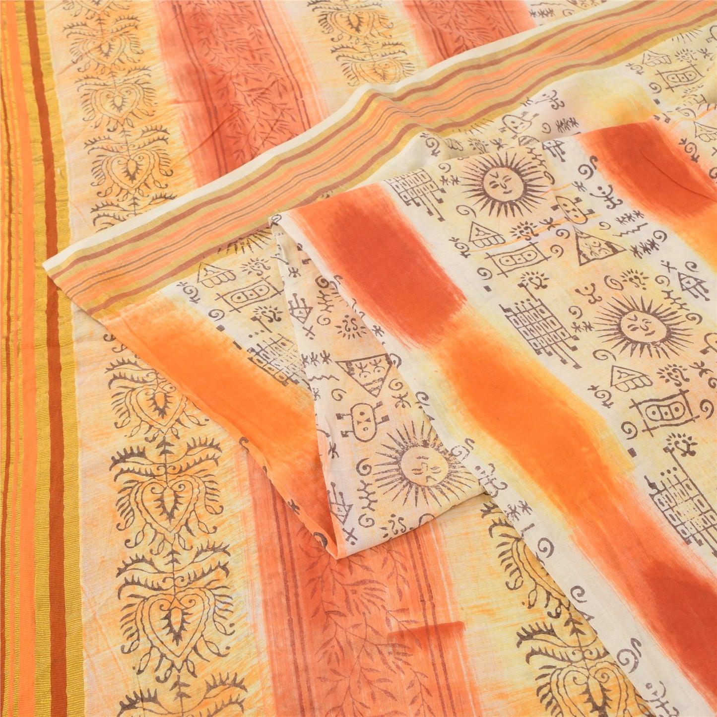 Sanskriti Vintage Sarees Cream/Orange Pure Cotton Printed Sari 5yd Craft Sustainable Fabric