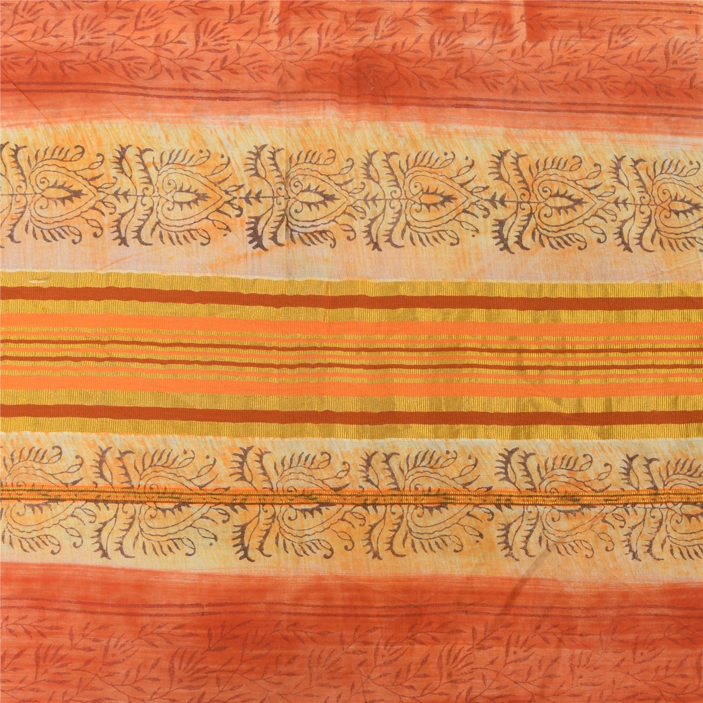 Sanskriti Vintage Sarees Cream/Orange Pure Cotton Printed Sari 5yd Craft Sustainable Fabric
