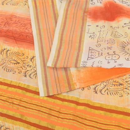 Sanskriti Vintage Sarees Cream/Orange Pure Cotton Printed Sari 5yd Craft Sustainable Fabric