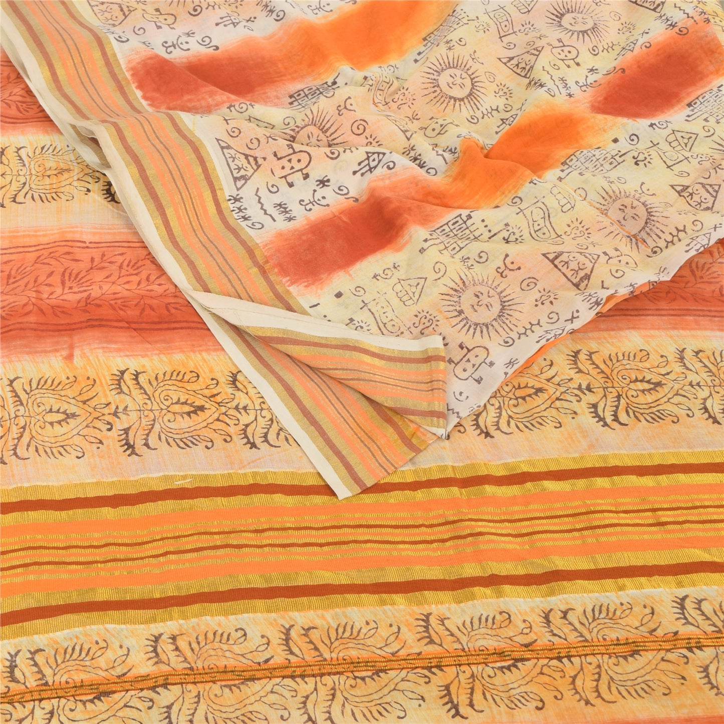 Sanskriti Vintage Sarees Cream/Orange Pure Cotton Printed Sari 5yd Craft Sustainable Fabric