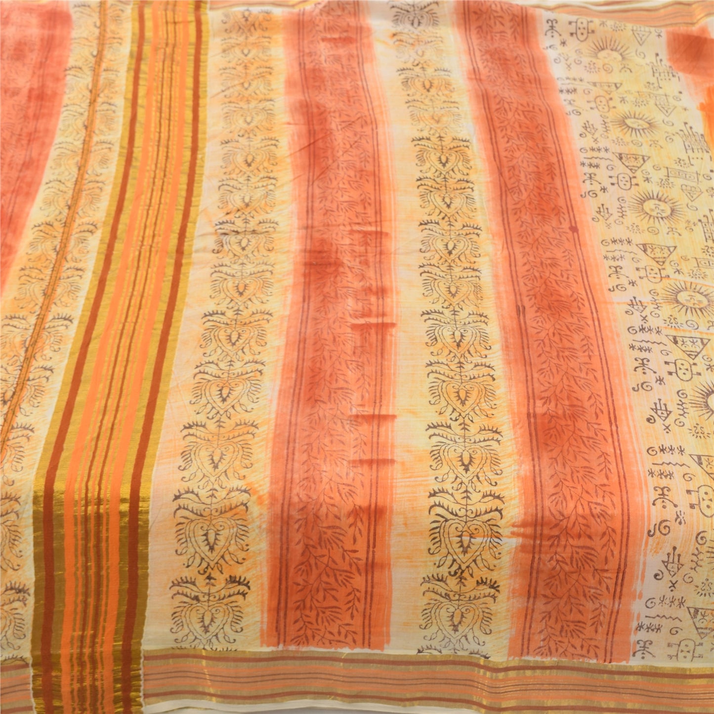 Sanskriti Vintage Sarees Cream/Orange Pure Cotton Printed Sari 5yd Craft Sustainable Fabric
