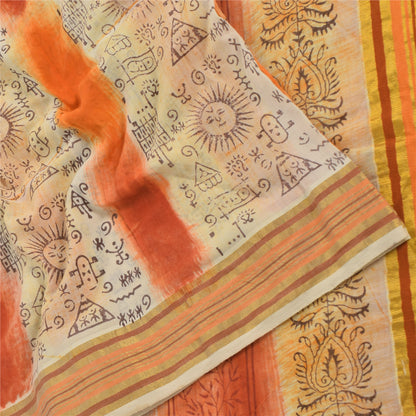 Sanskriti Vintage Sarees Cream/Orange Pure Cotton Printed Sari 5yd Craft Sustainable Fabric