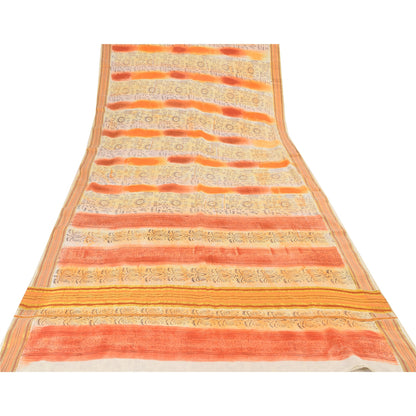 Sanskriti Vintage Sarees Cream/Orange Pure Cotton Printed Sari 5yd Craft Sustainable Fabric