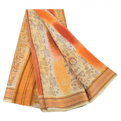Sanskriti Vintage Sarees Cream/Orange Pure Cotton Printed Sari 5yd Craft Sustainable Fabric