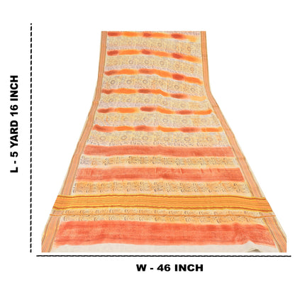 Sanskriti Vintage Sarees Cream/Orange Pure Cotton Printed Sari 5yd Craft Sustainable Fabric