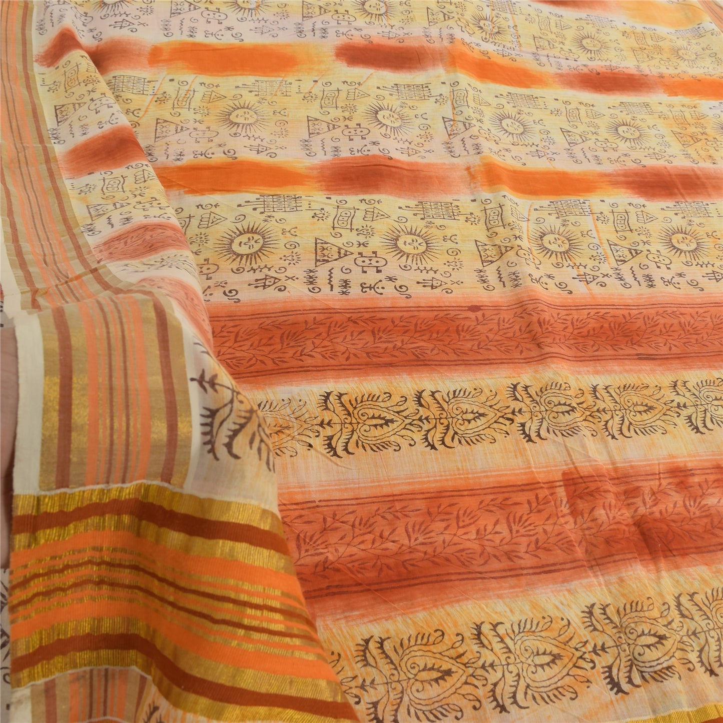 Sanskriti Vintage Sarees Cream/Orange Pure Cotton Printed Sari 5yd Craft Sustainable Fabric