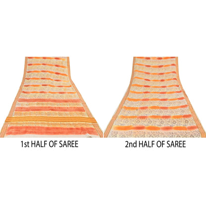 Sanskriti Vintage Sarees Cream/Orange Pure Cotton Printed Sari 5yd Craft Sustainable Fabric