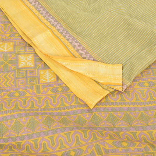 Sanskriti Vintage Sarees Indian Green Pure Cotton Printed Sari 5yd Craft Sustainable Fabric