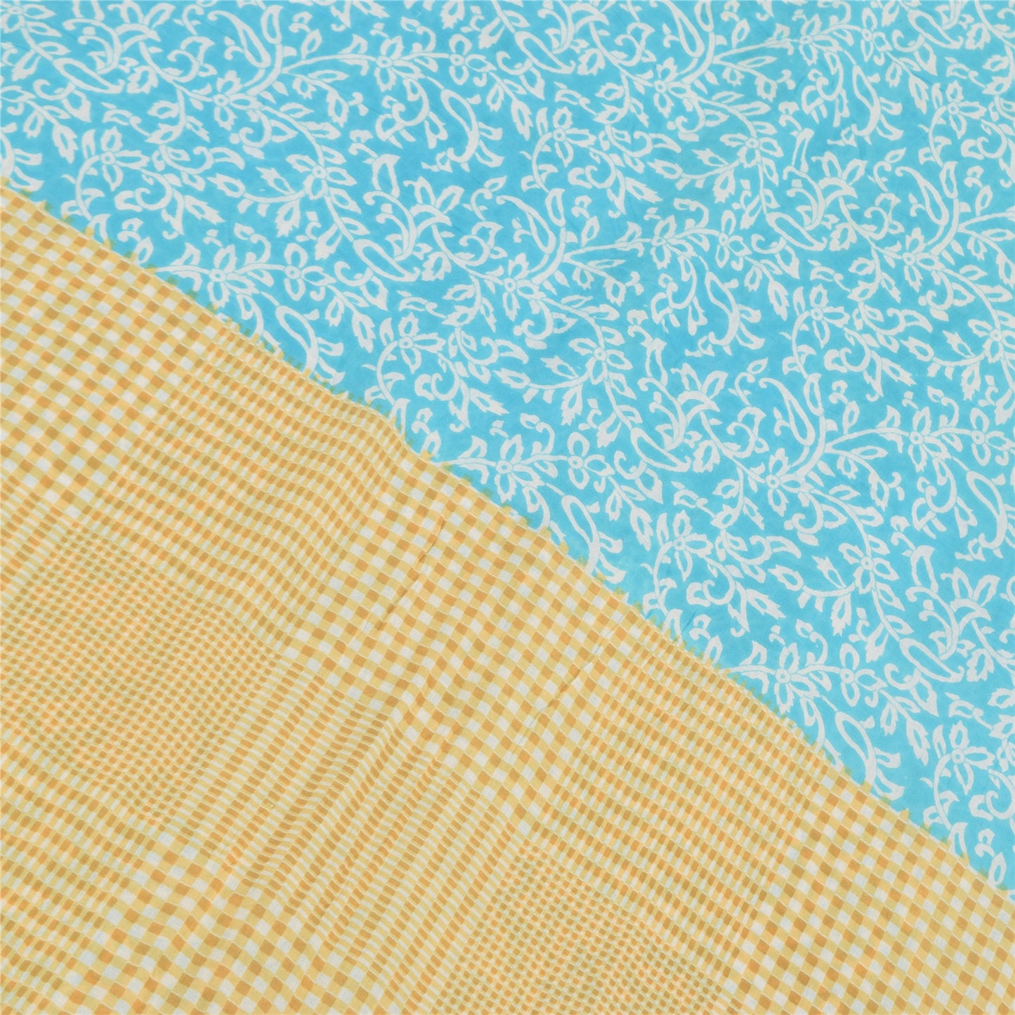 Sanskriti Vintage Sarees Blue/Cream Pure Cotton Printed Sari 5yd Craft Sustainable Fabric