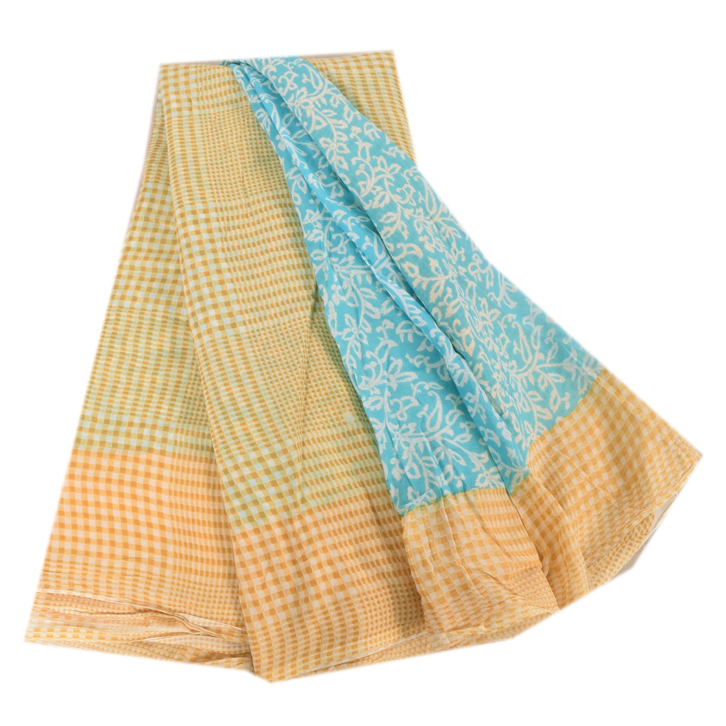 Sanskriti Vintage Sarees Blue/Cream Pure Cotton Printed Sari 5yd Craft Sustainable Fabric