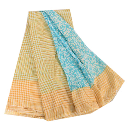 Sanskriti Vintage Sarees Blue/Cream Pure Cotton Printed Sari 5yd Craft Sustainable Fabric