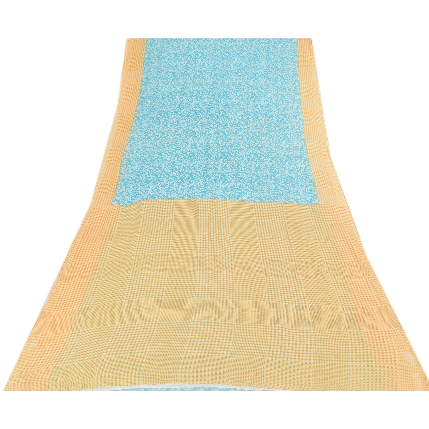 Sanskriti Vintage Sarees Blue/Cream Pure Cotton Printed Sari 5yd Craft Sustainable Fabric