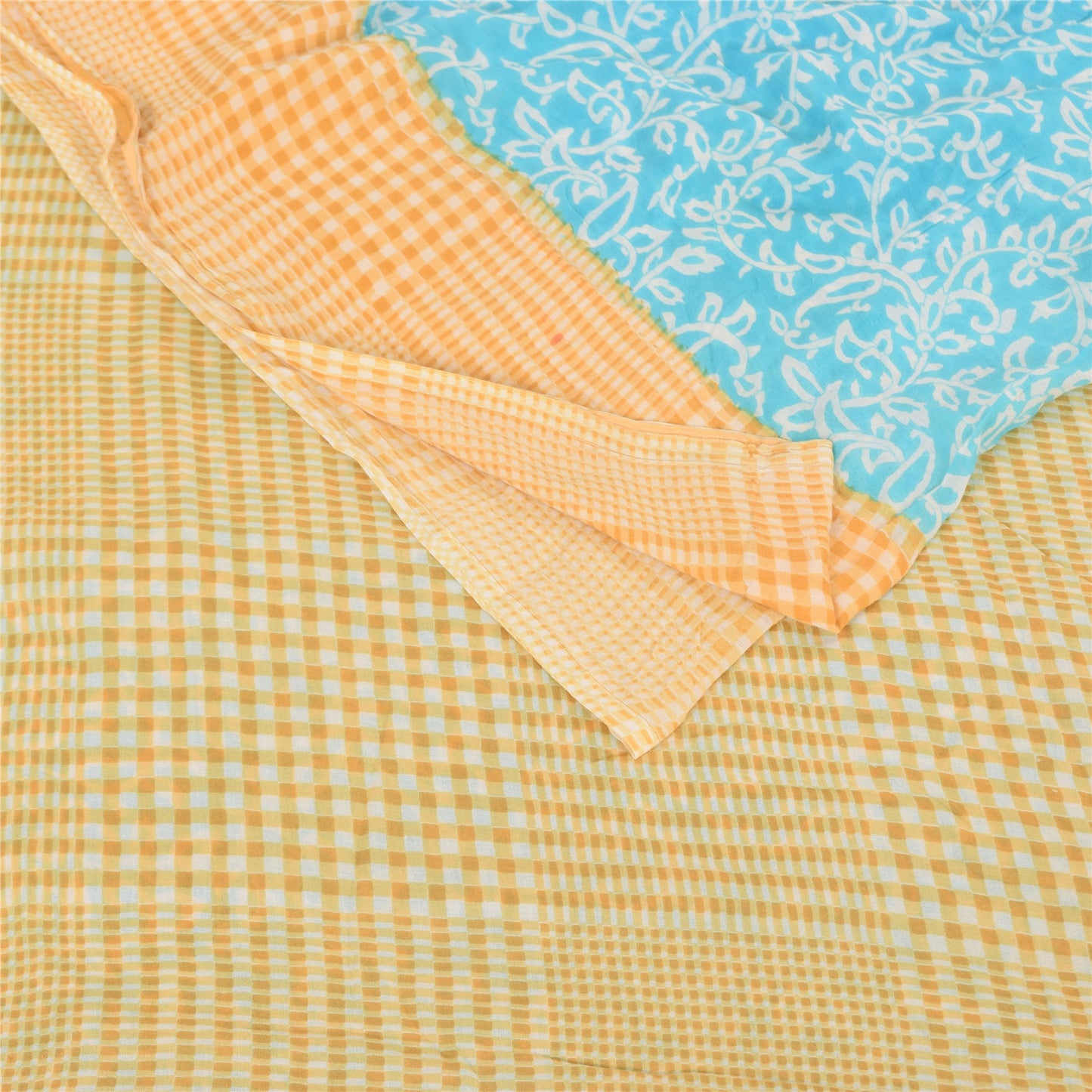 Sanskriti Vintage Sarees Blue/Cream Pure Cotton Printed Sari 5yd Craft Sustainable Fabric