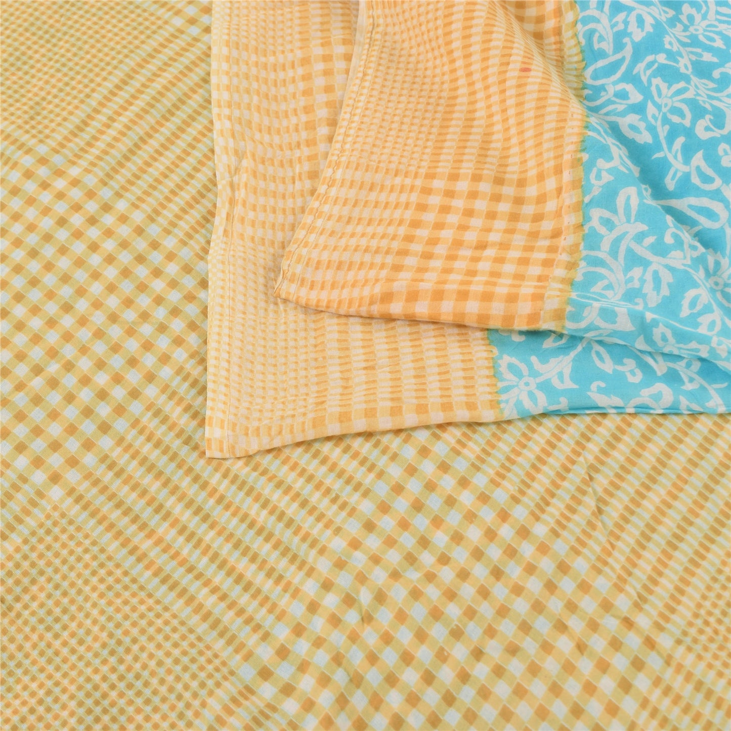 Sanskriti Vintage Sarees Blue/Cream Pure Cotton Printed Sari 5yd Craft Sustainable Fabric