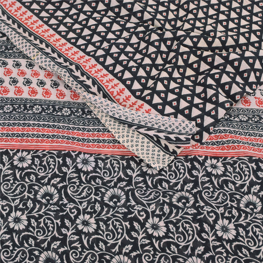 Sanskriti Vintage Sarees Black Pure Cotton Hand Block Printed Sari Craft Sustainable Fabric