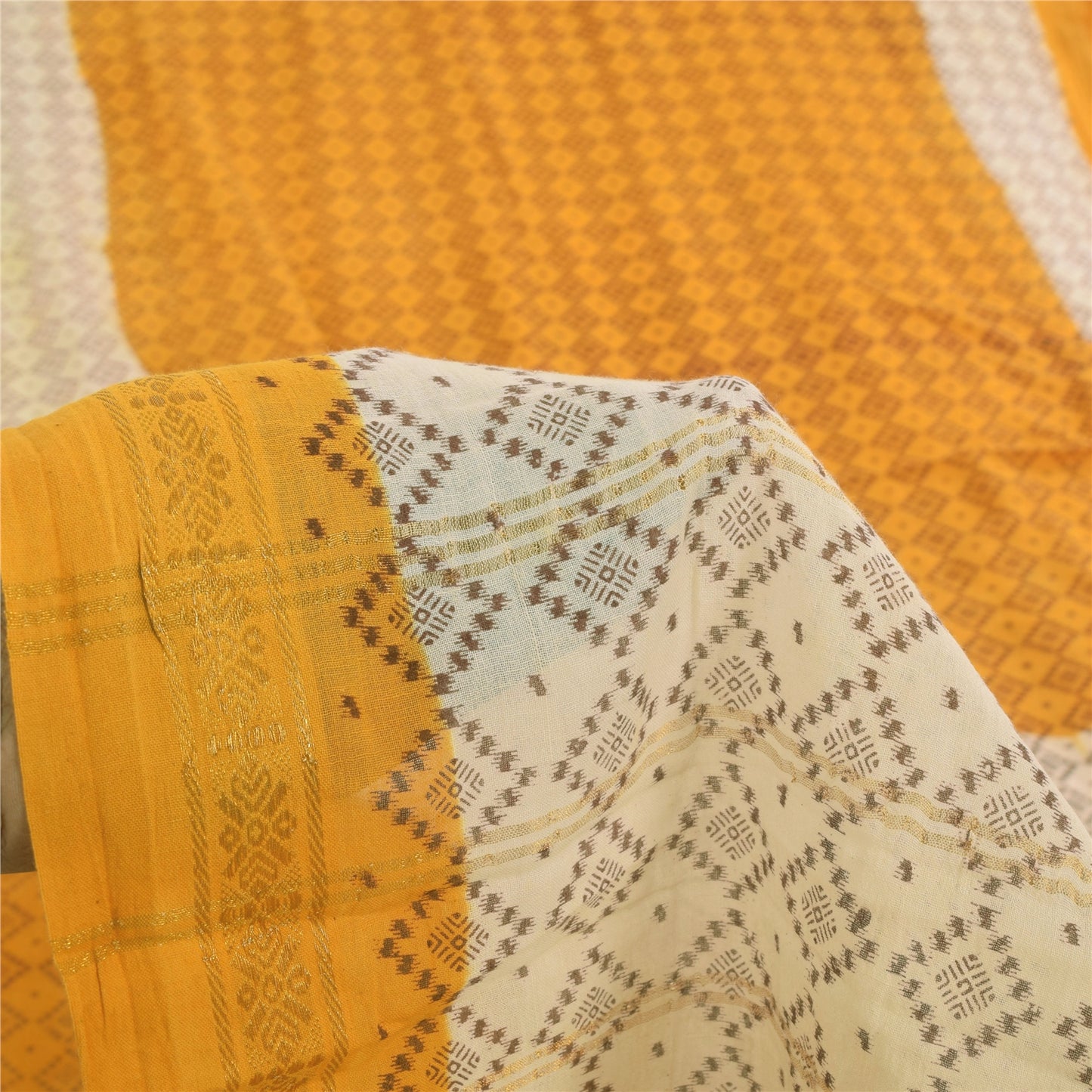 Sanskriti Vintage Sarees Yellow/Ivory Ikat Printed Pure Cotton Sari Craft Sustainable Fabric