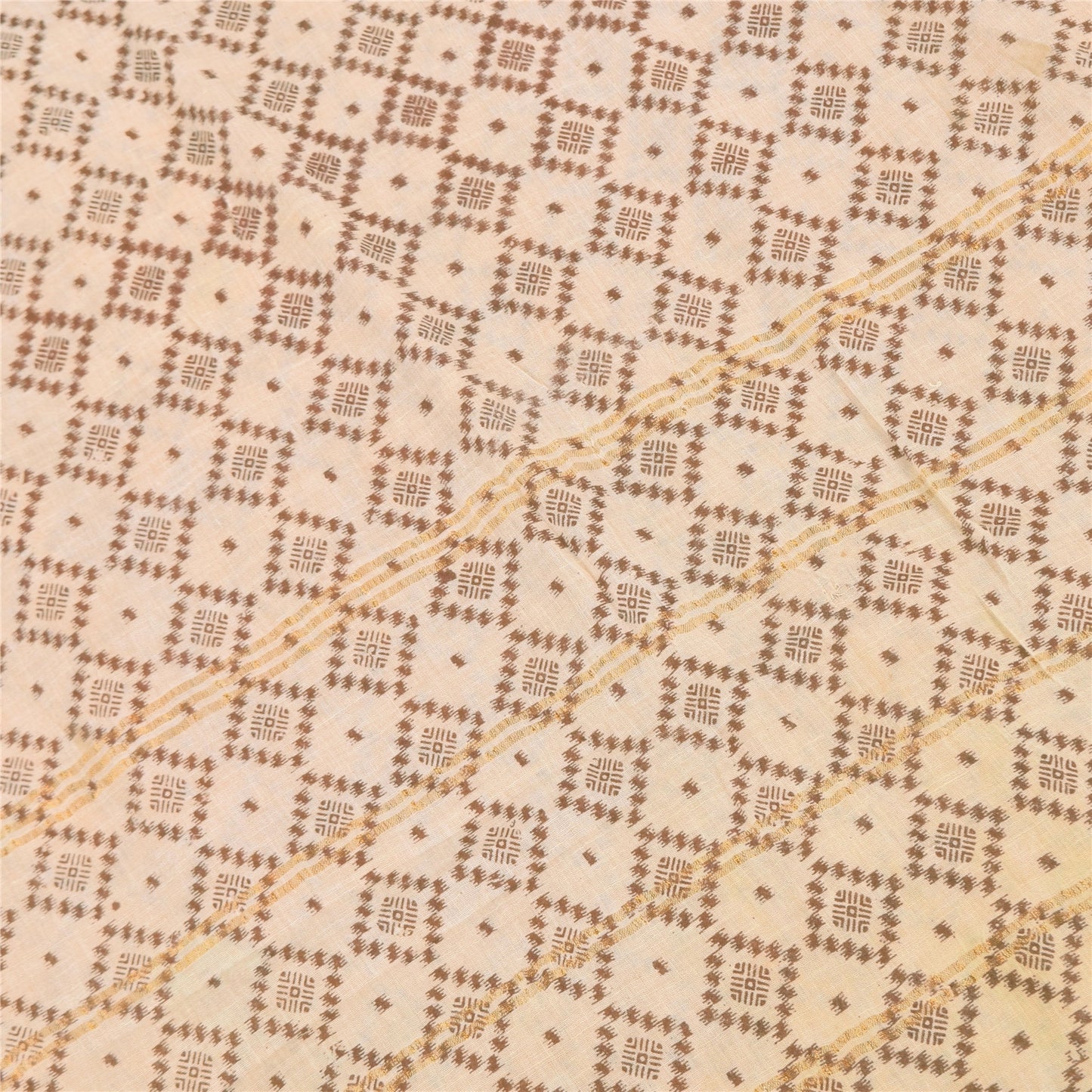 Sanskriti Vintage Sarees Yellow/Ivory Ikat Printed Pure Cotton Sari Craft Sustainable Fabric