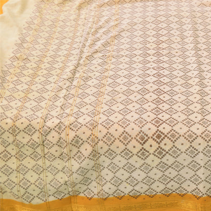 Sanskriti Vintage Sarees Yellow/Ivory Ikat Printed Pure Cotton Sari Craft Sustainable Fabric