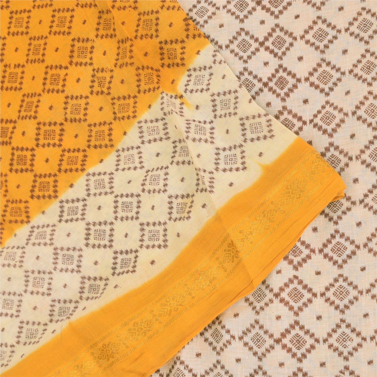 Sanskriti Vintage Sarees Yellow/Ivory Ikat Printed Pure Cotton Sari Craft Sustainable Fabric