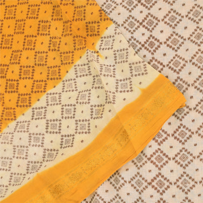 Sanskriti Vintage Sarees Yellow/Ivory Ikat Printed Pure Cotton Sari Craft Sustainable Fabric