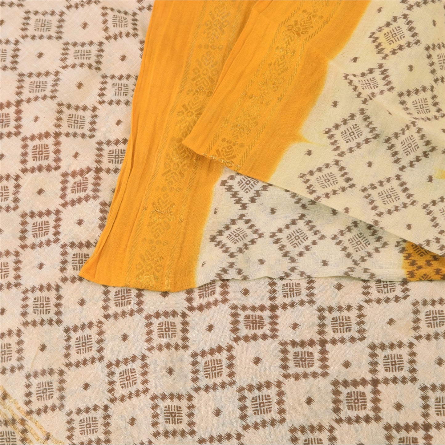 Sanskriti Vintage Sarees Yellow/Ivory Ikat Printed Pure Cotton Sari Craft Sustainable Fabric