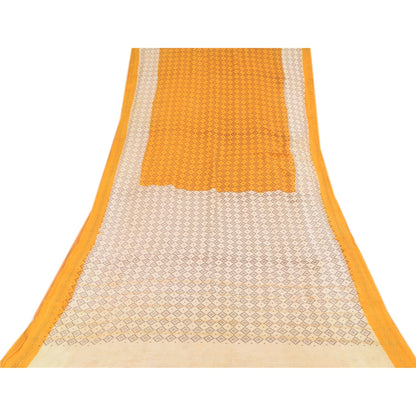 Sanskriti Vintage Sarees Yellow/Ivory Ikat Printed Pure Cotton Sari Craft Sustainable Fabric
