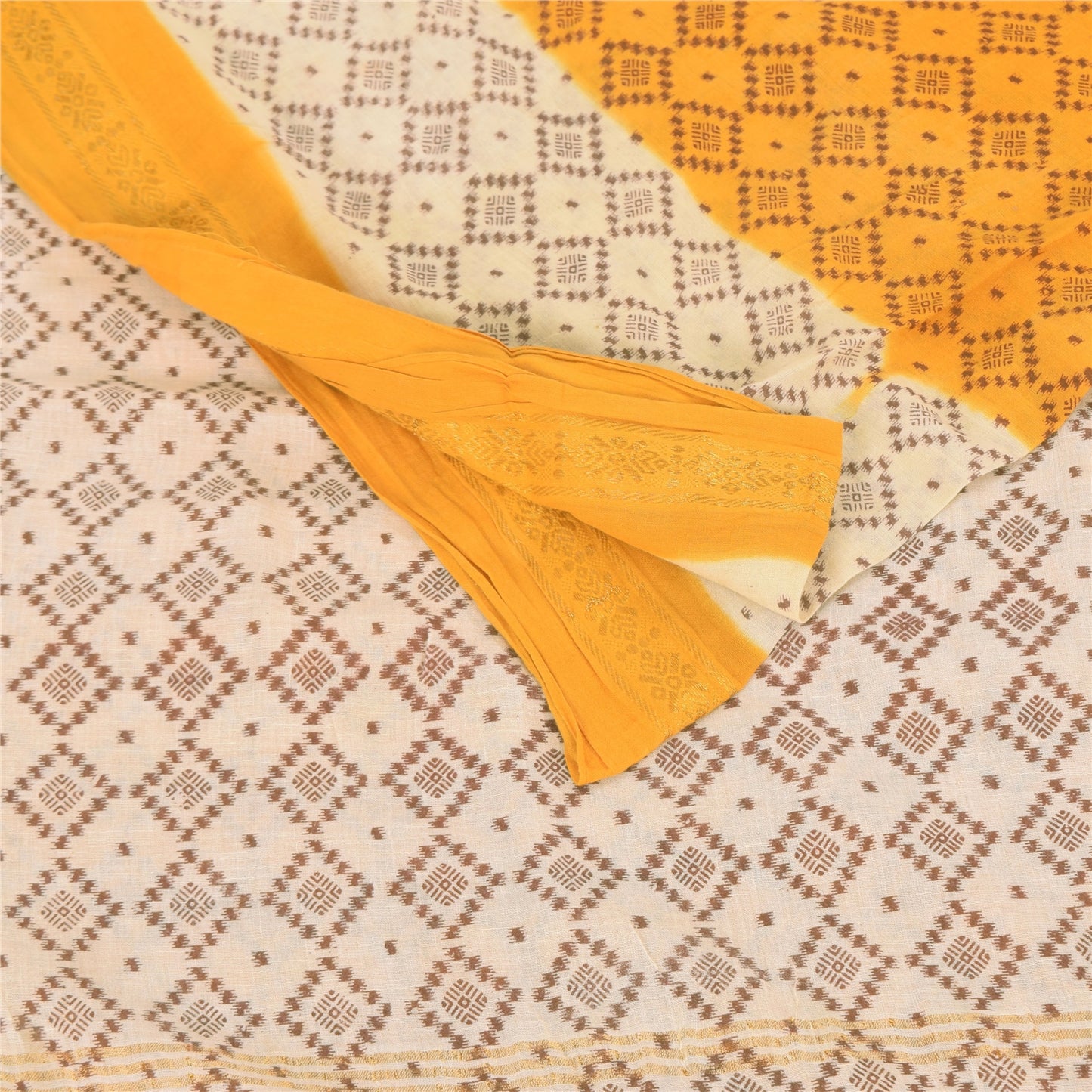 Sanskriti Vintage Sarees Yellow/Ivory Ikat Printed Pure Cotton Sari Craft Sustainable Fabric